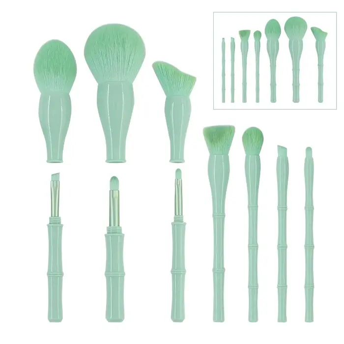 BAMBOO DESIGN REMOVABLE MAKEUP BRUSHES SET 10PCS - GREEN