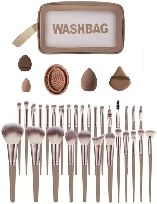 Makeup Brush Set with Nylon Bristles with Wash Bag - Brown