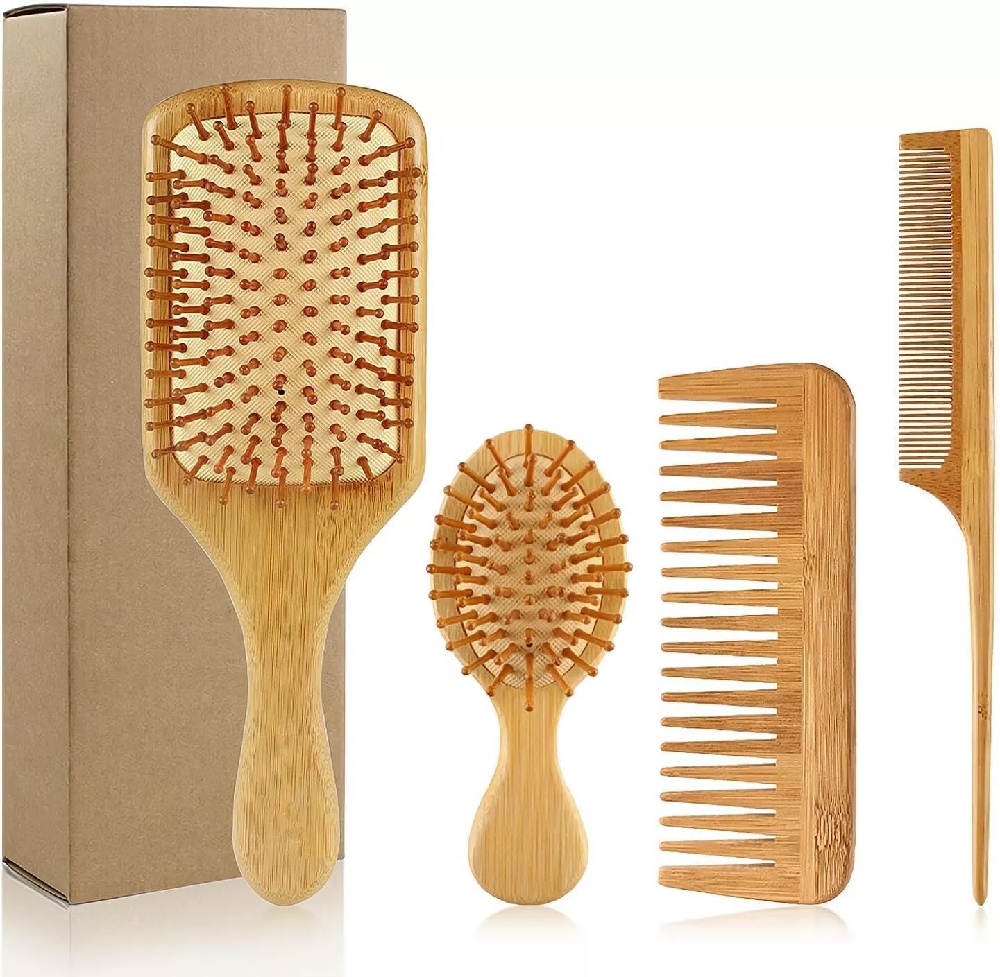 4PCS 100% Bamboo Hair Brushes and Comb Set, Detangling Hair Comb, Reducing Hair