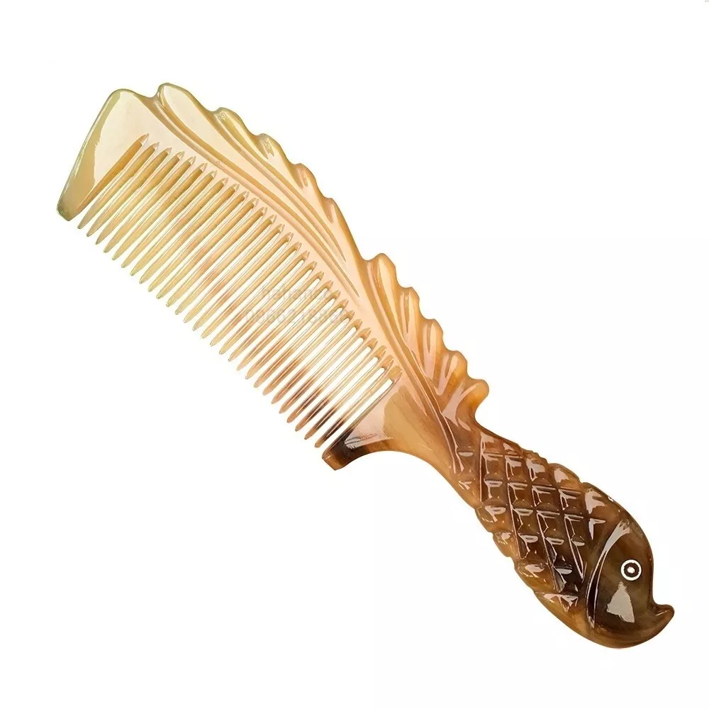Handmade Anti-Static Horn Comb with Fish Motif Handle