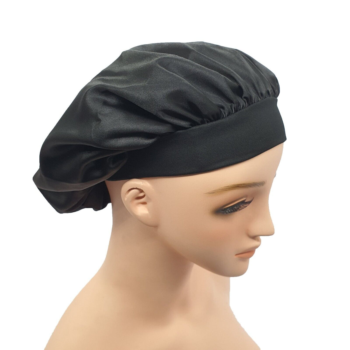 FELEFI Wide Band Black Silky Satin Night Sleep Cap Hair Bonnet