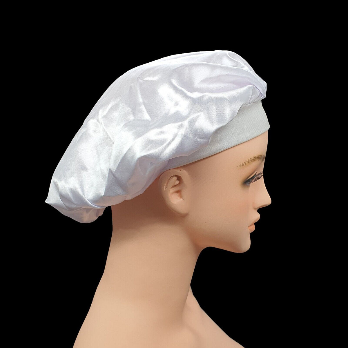 FELEFI Wide Band White Silky Satin Night Sleep Cap Hair Bonnet