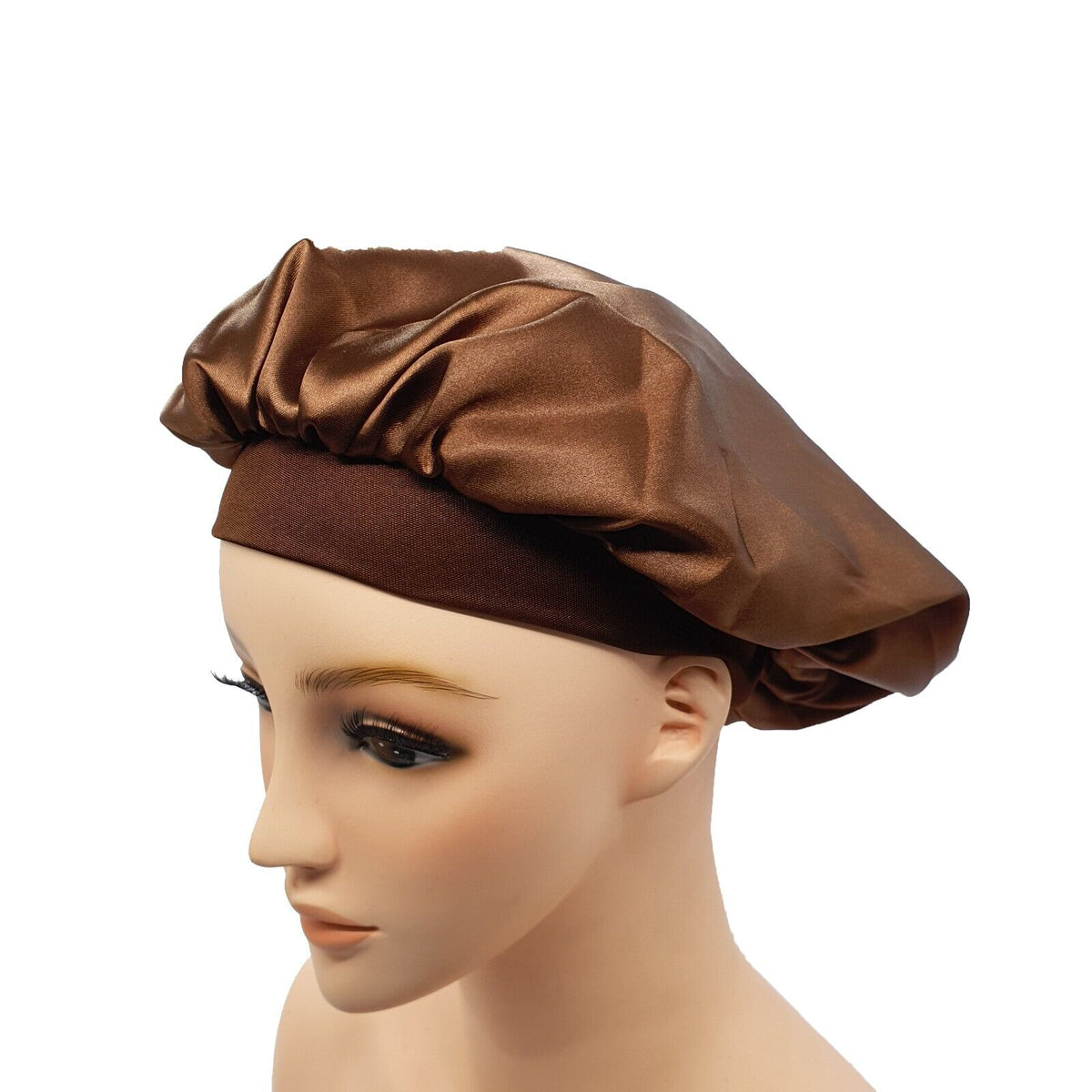FELEFI Wide Band Brown Silky Satin Night Sleep Cap Hair Bonnet