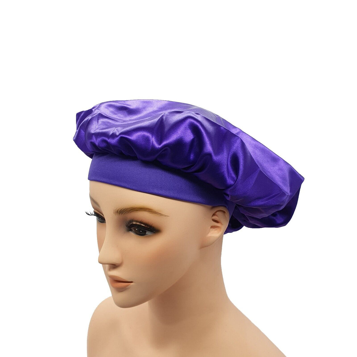 FELEFI Wide Band Blue Silky Satin Night Sleep Cap Hair Bonnet